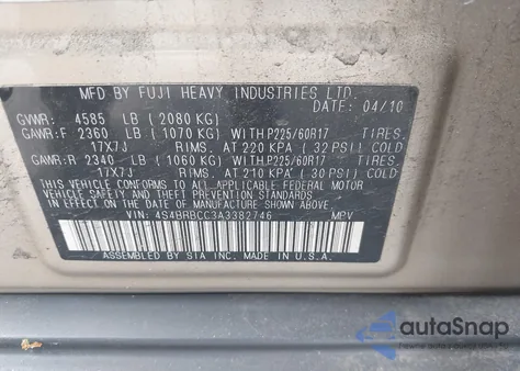 2010 Subaru Outback 2.5I Premium z USA, uszkodzony, nr VIN 4S4BRBCC3A3382746